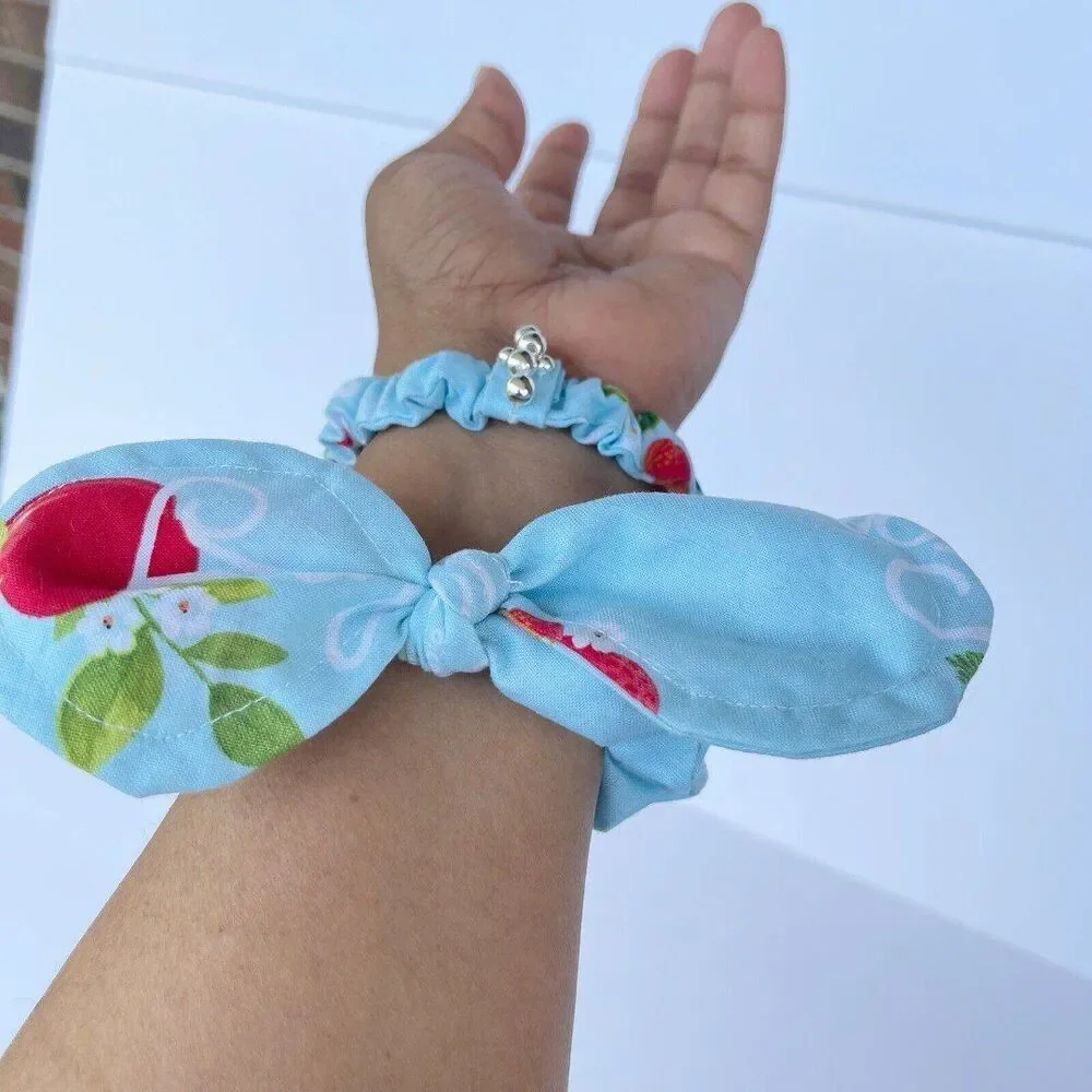 2 New Bow Scrunchie Hair Tie Blue Floral Cotton